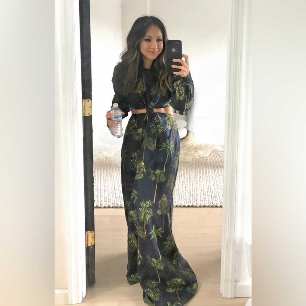 AGUA BY AGUA BENDITA PALM PRINT NAVY CUT OUT LONG SLEEVE LINEN MAXI DRESS SMALL